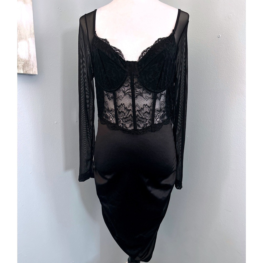SHEIN Black Long Sleeve Lace Corset‎ Bodice Ruched Satin Midi Dress L